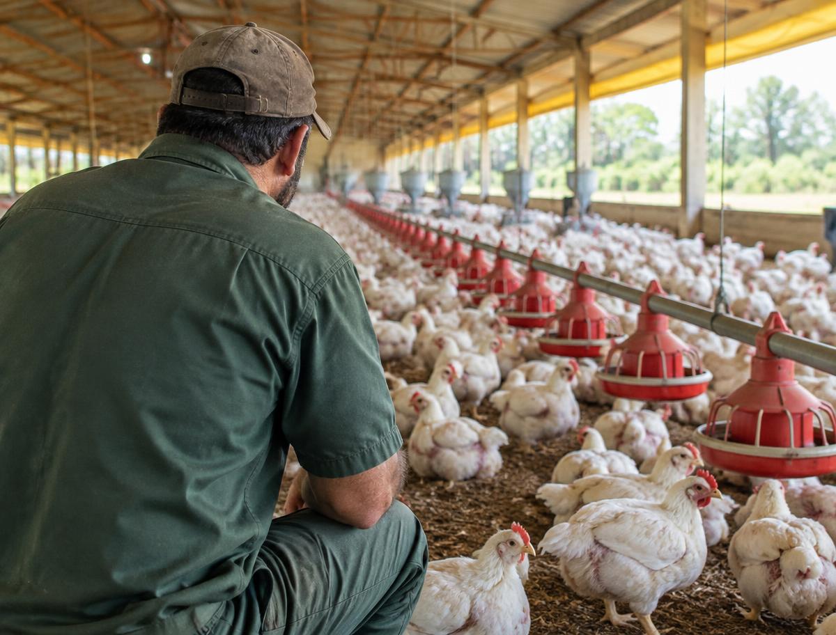 Produtor observa frangos de corte dentro de um galpão avícola